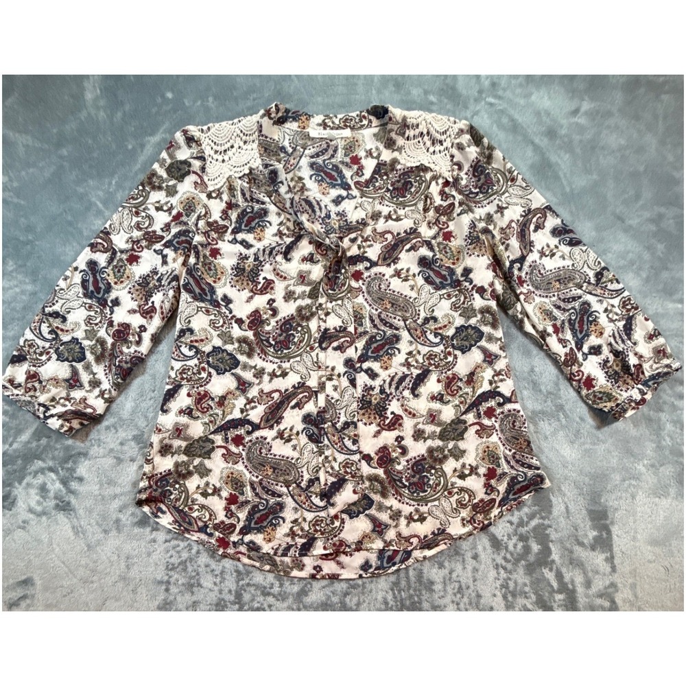 Black Rainn Paisley Crochet Lace Tie Neck 3/4 Sleeve Blouse Peasant Boho Large